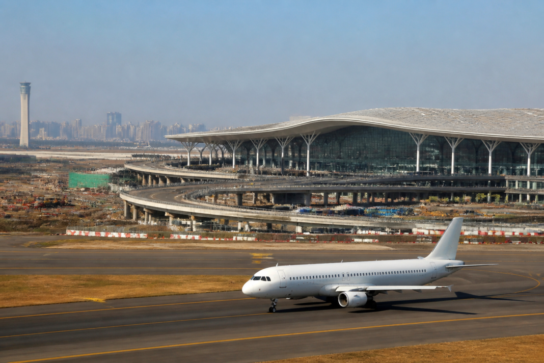 Aircraft at Navi Mumbai Airport terminal with airport infrastructure and passenger access roads visible
