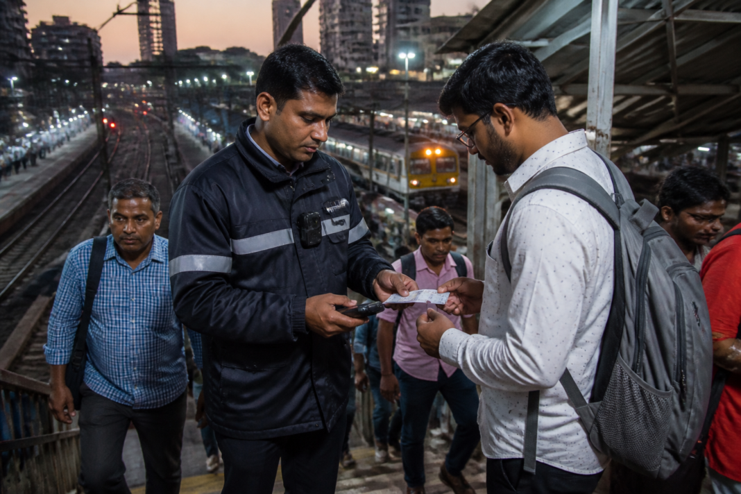 Railway ticket inspector working on a footbridge at Jogeshwari railway station in Mumbai