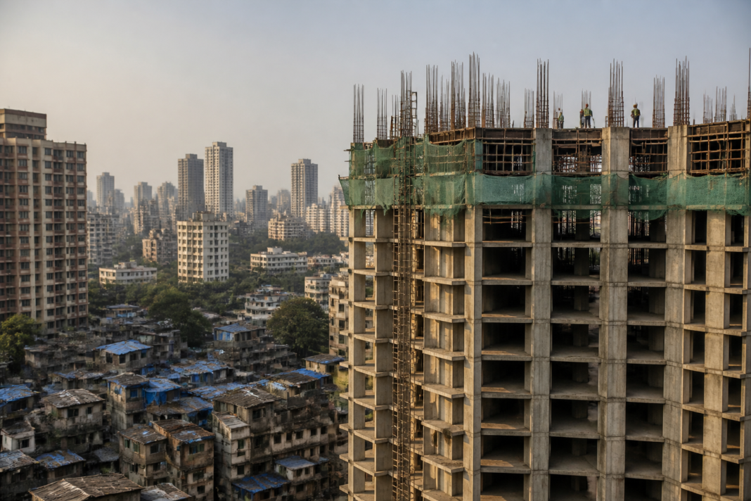 High-rise Mumbai SRA buildings under construction in a dense urban neighbourhood