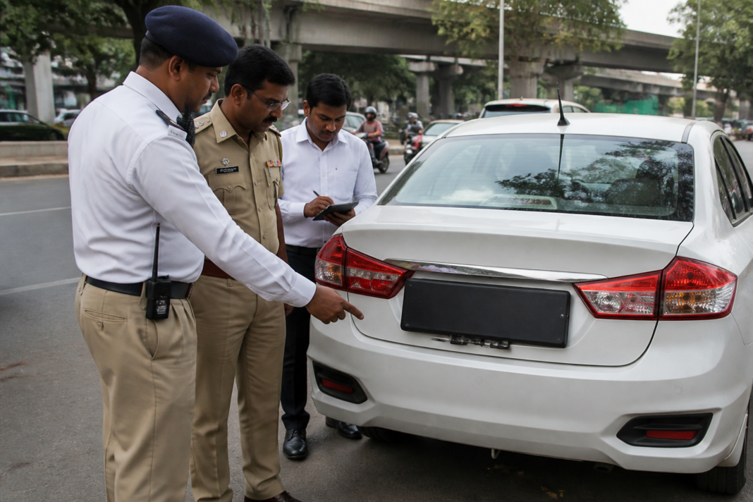 Vehicle registration plate covered by a motorised black flap during a traffic enforcement inspection in Pimpri-Chinchwad
