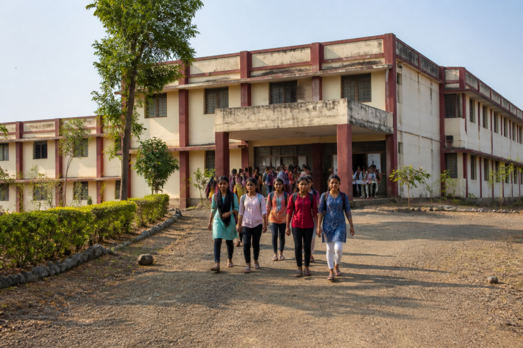Government tribal hostel building in Maharashtra representing student welfare schemes and public education services