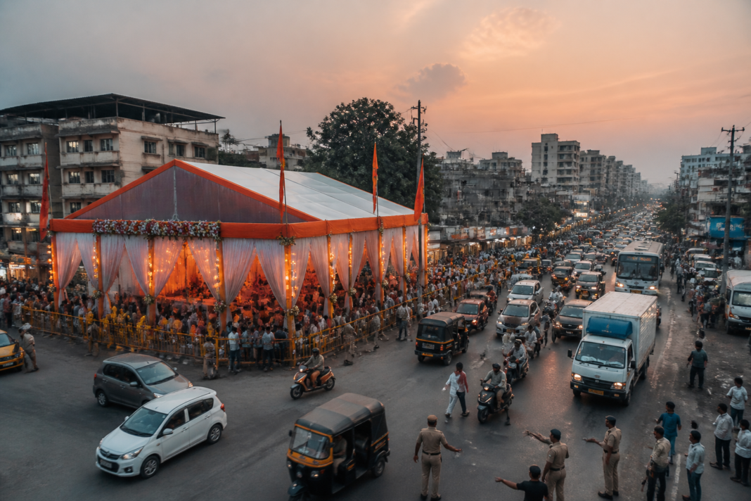 Ganeshotsav mandap occupying part of a busy road in Vasai-Virar, with vehicles navigating around the temporary structure