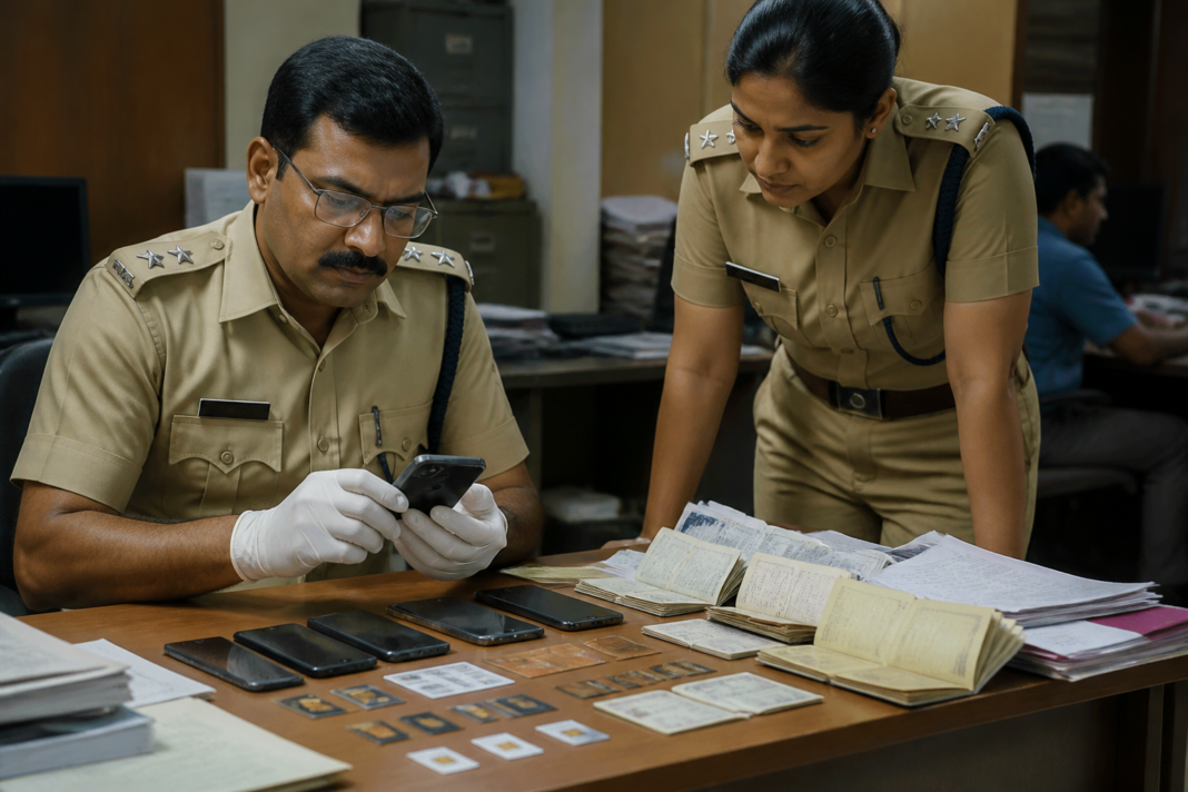 Chennai Police cybercrime investigators display seized mobile phones and documents during a cyber fraud investigation
