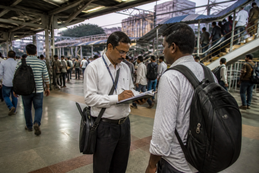 Western Railway ticket inspection area near the foot overbridge at Jogeshwari station in Mumbai