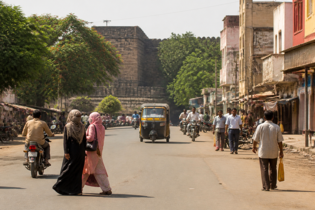 North Karnataka temperature update represented by a sunlit urban street in Raichur with heat haze and pedestrians