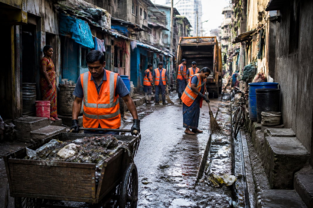 Sanitation workers cleaning a narrow lane in a Mumbai slum settlement, representing the proposed Mumbai slum sanitation scheme