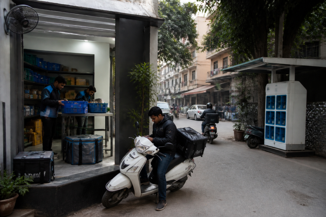 Quick commerce delivery infrastructure with workers and electric delivery vehicles outside a micro-fulfilment centre in an Indian city