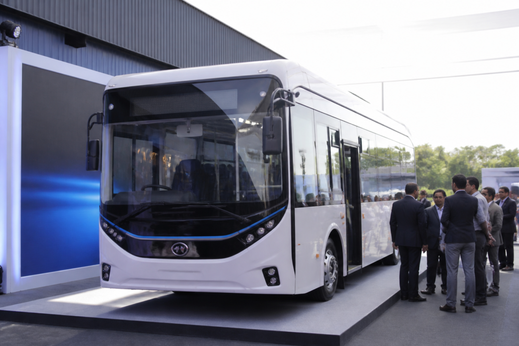 SML Mahindra commercial bus at a vehicle launch event, representing the company's planned electric bus programme