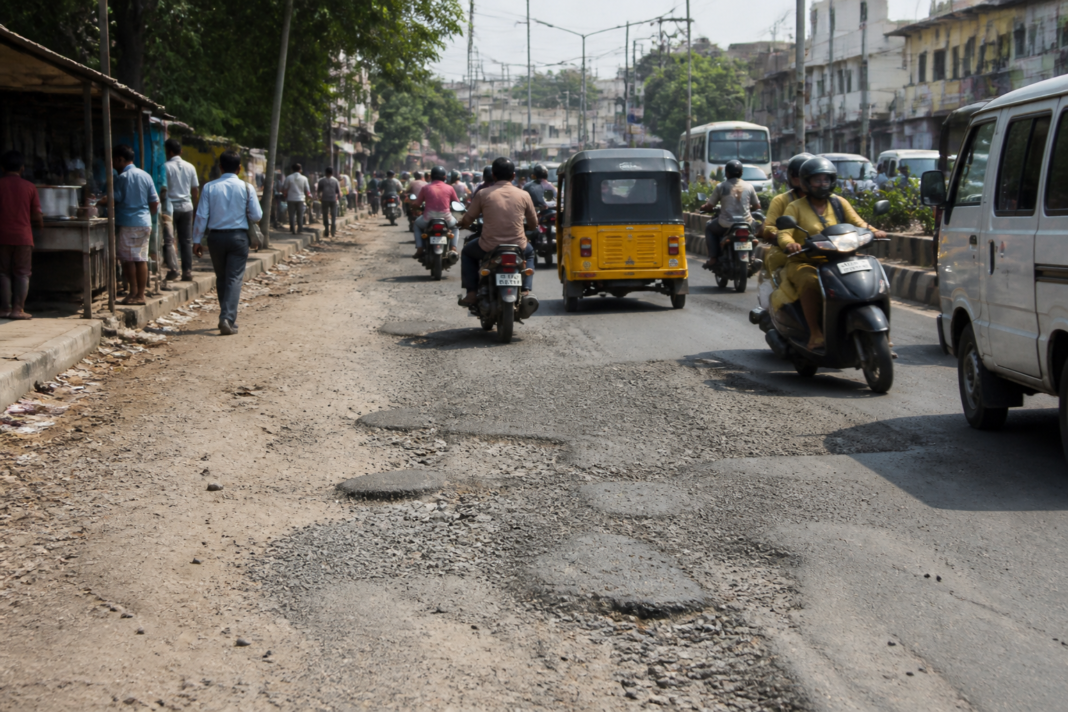 Damaged Anna Nedum Salai in Kandanchavadi with loose gravel and uneven road surfaces affecting commuters