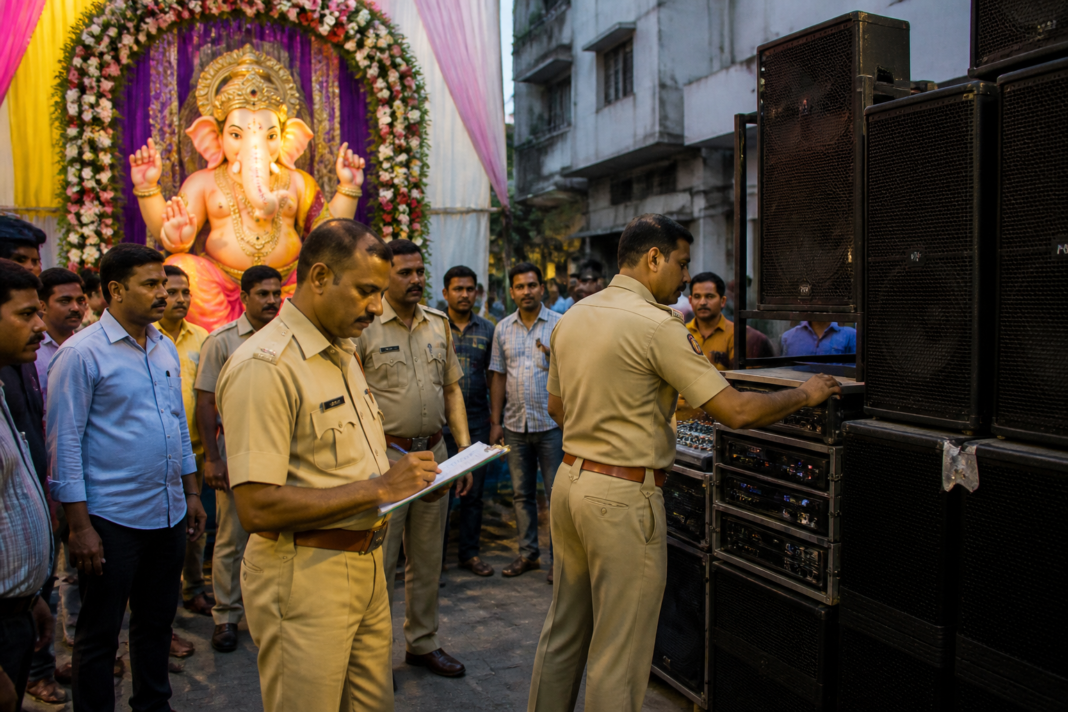 DJ sound equipment and loudspeakers set up near a Ganeshotsav mandal in Pimpri-Chinchwad
