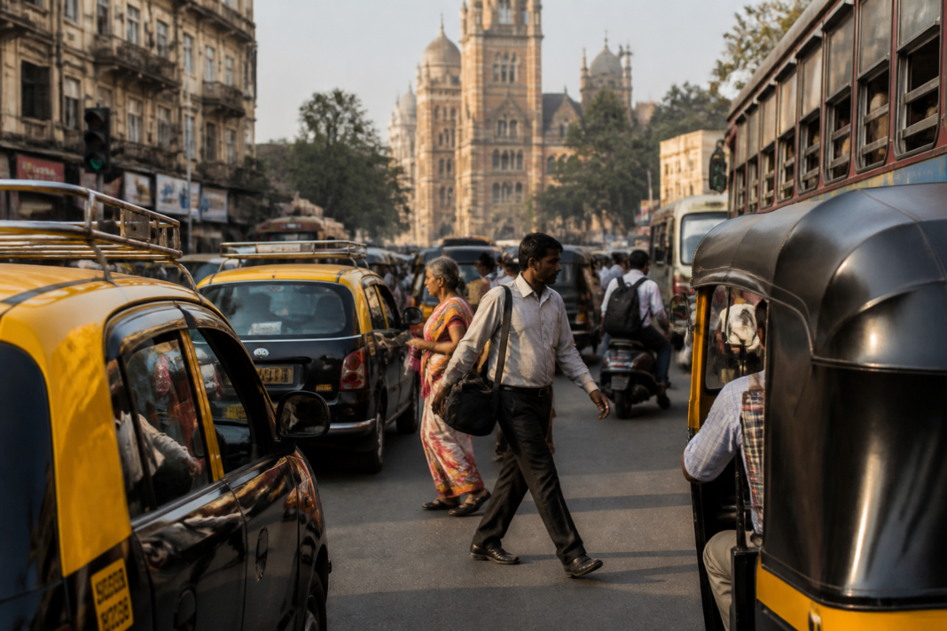 Taxi and autorickshaw drivers on a busy Mumbai street amid the Marathi language controversy