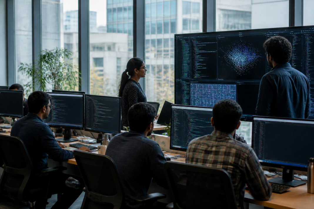 Wipro AI productivity strategy represented by technology professionals working with AI systems in a modern Indian office