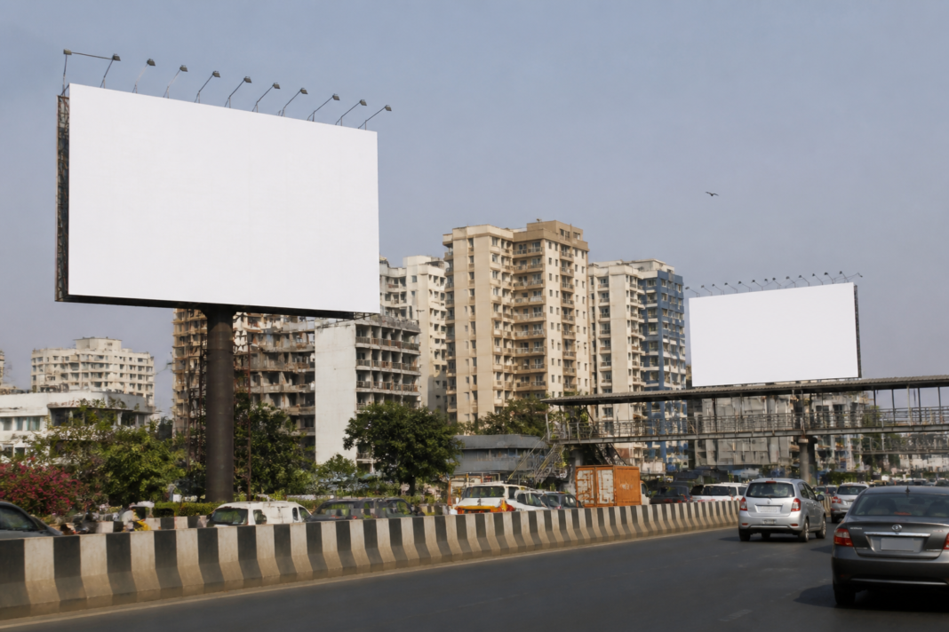 Large advertising hoardings along a road in Thane, illustrating scrutiny over height and size regulations