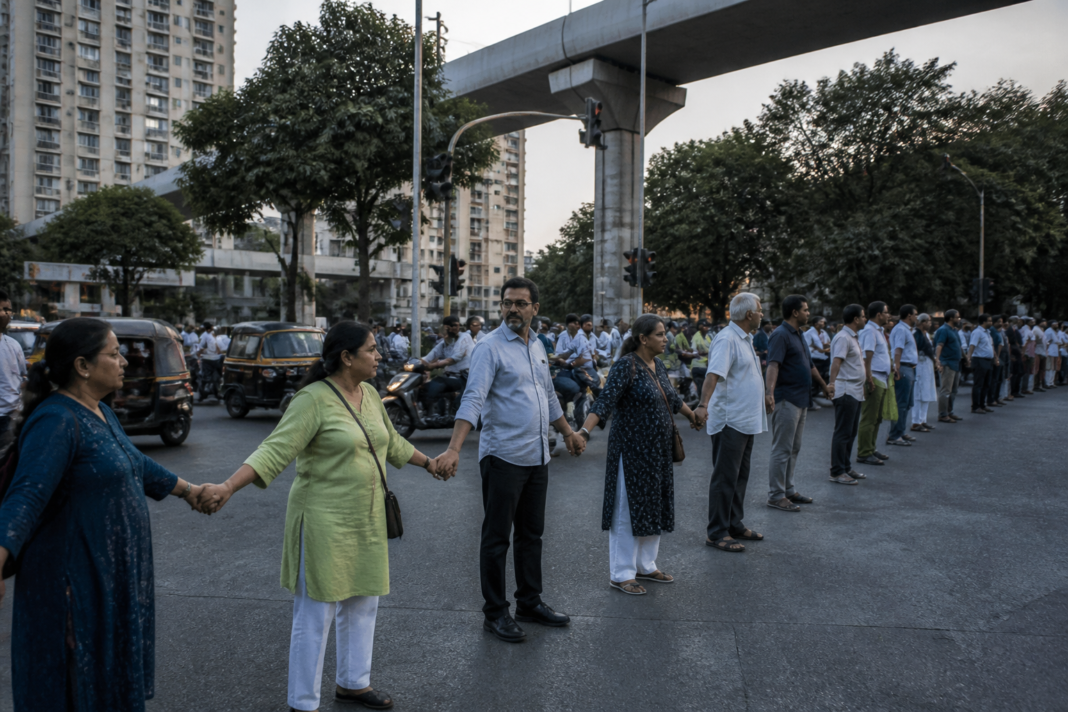 Residents form a human chain in Thane to oppose changes to the proposed Thane ring metro route