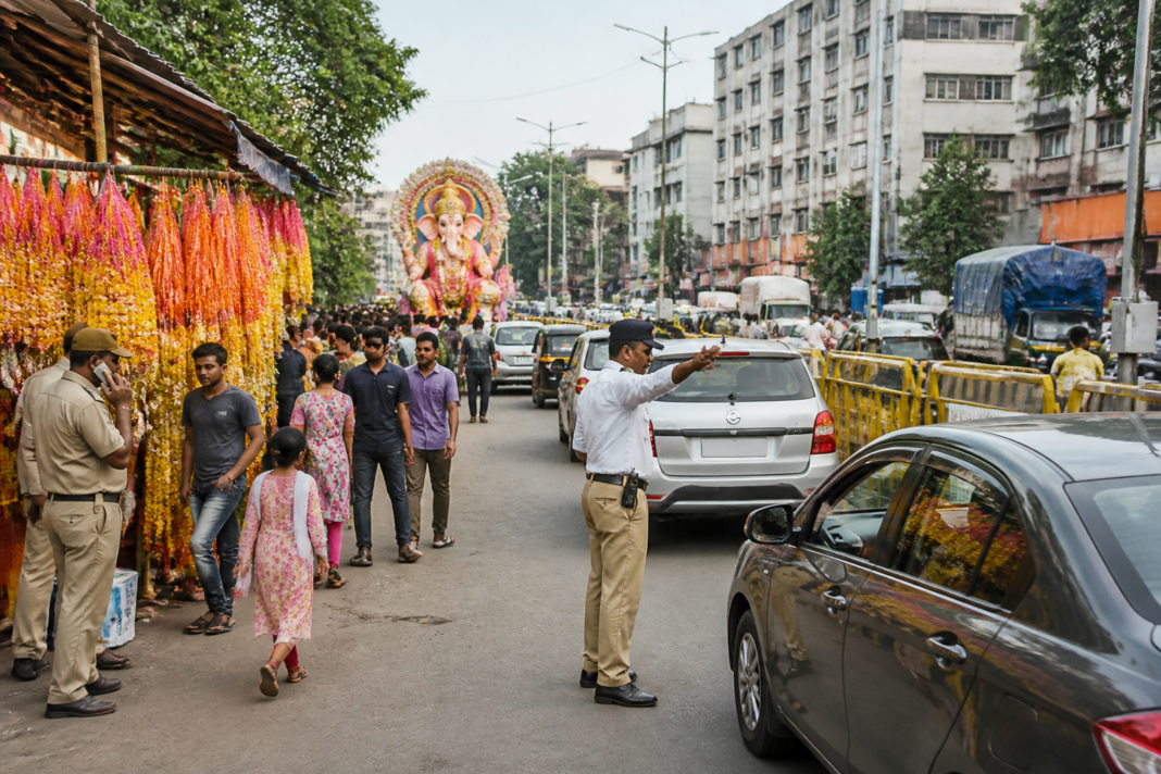 Traffic police manage vehicles and roadside activity in Panvel market during the Ganeshotsav traffic plan