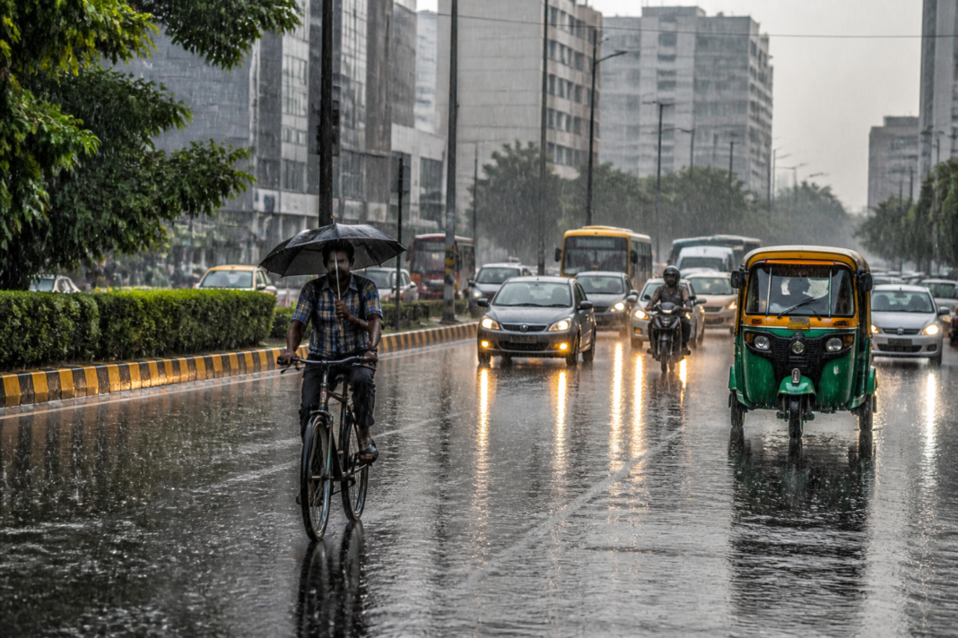 Rain falling over a busy Delhi road during the IMD red alert