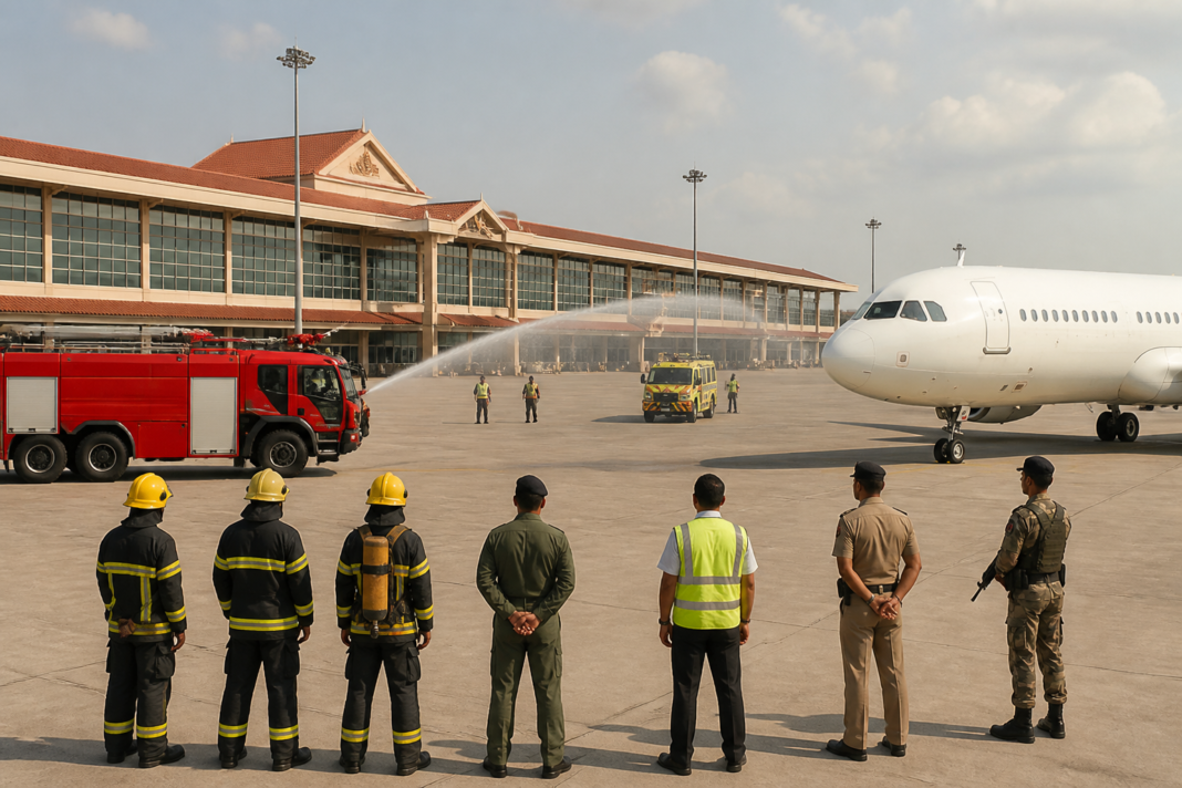 Emergency response teams conduct a mock aircraft fire drill at Kannur International Airport