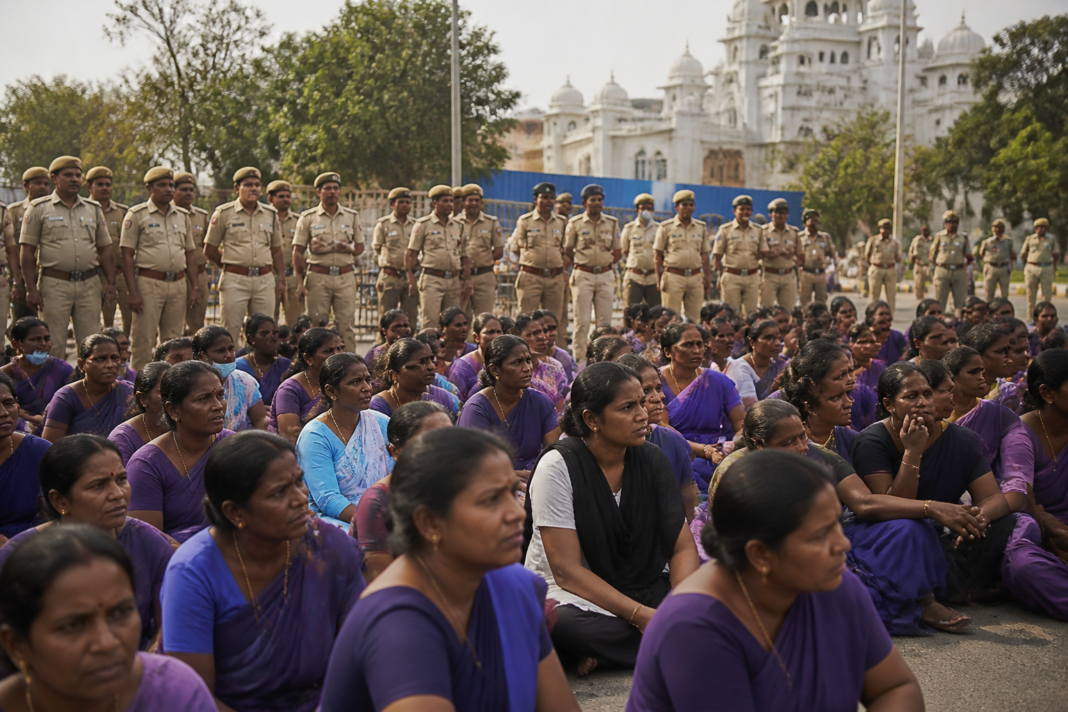 ASHA workers gathered near the Telangana Assembly in Hyderabad during a protest over salary and job-security demands