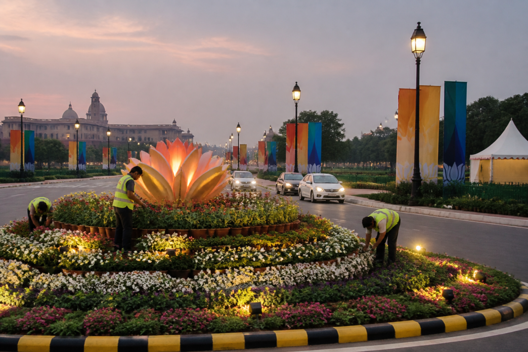 Decorative lighting, floral displays and BRICS-themed signages along a central New Delhi avenue ahead of the BRICS Summit Delhi