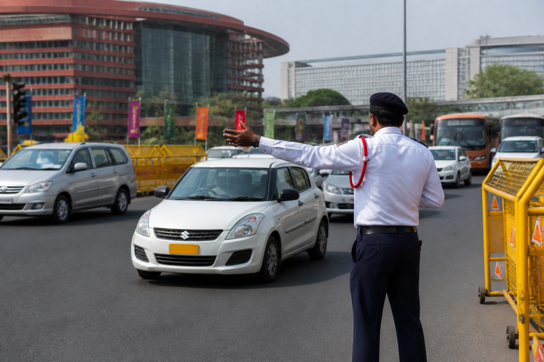 Delhi traffic police manage a major road near Bharat Mandapam during BRICS Summit security arrangements