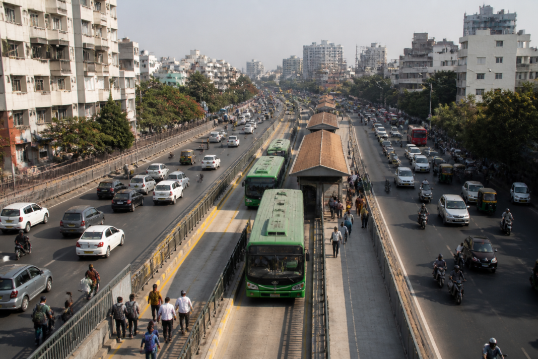 Urban road corridor in Pune representing the proposed Pune HCMTMR project and public transport planning concerns