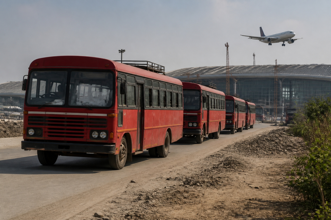 MSRTC buses parked along a road near Navi Mumbai Airport in Panvel for Ganeshotsav travel