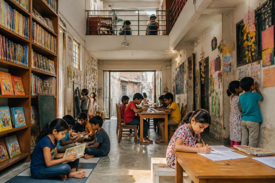 Children reading and making art inside the Khwab Ghar community library in Delhi’s Nizamuddin Basti