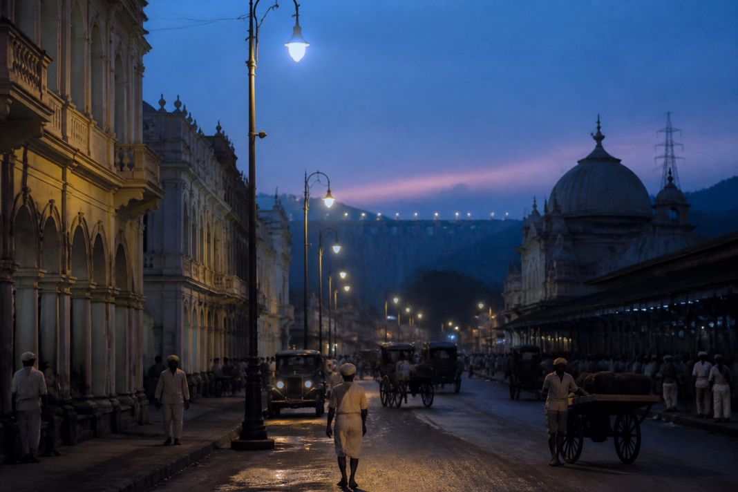 Historic-style view of Bengaluru streets representing the city's early electric lighting supplied by the Shivanasamudra hydroelectric project