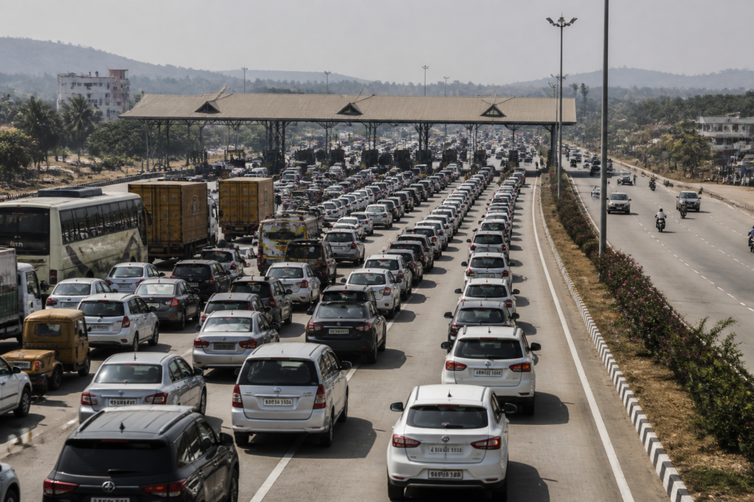 Traffic queues at a Bengaluru Mysuru highway toll plaza during festival travel