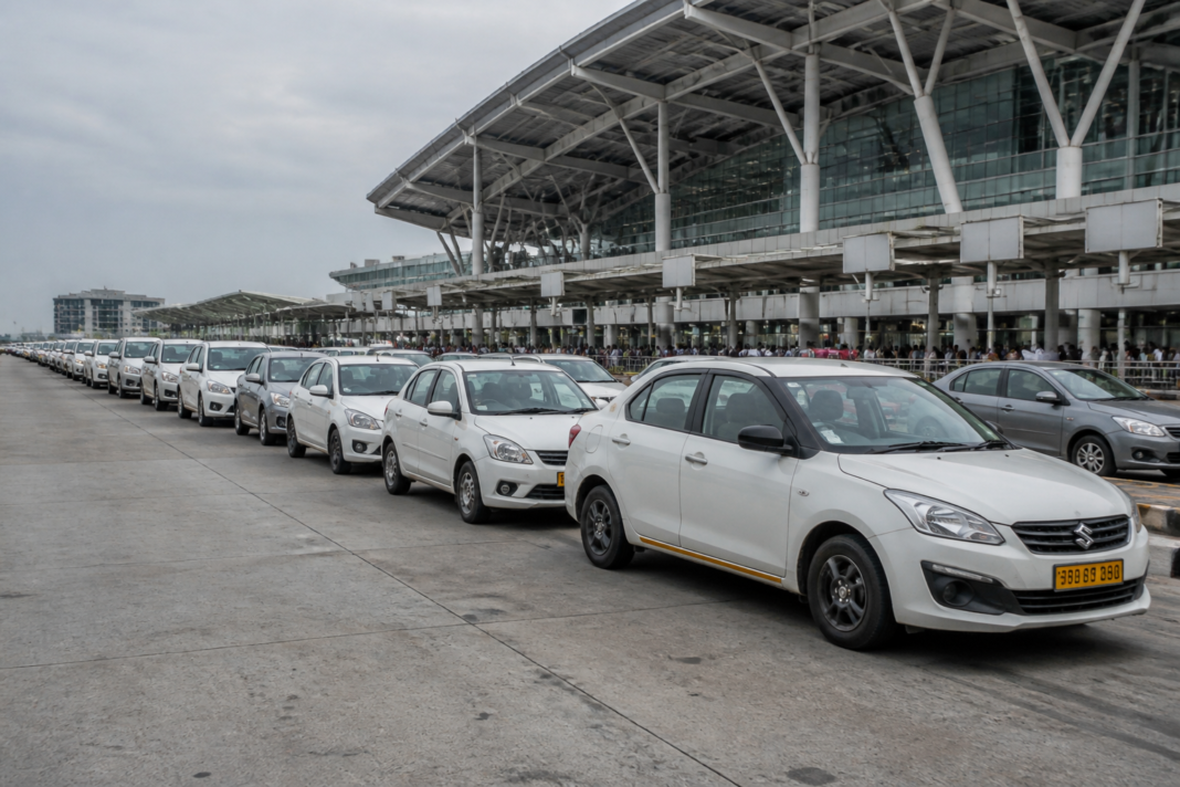 Hyderabad airport cab drivers and taxis outside RGIA during a fare-related boycott