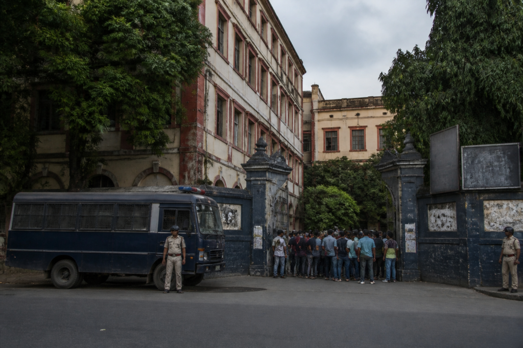 Surendranath Law College in Kolkata amid a student protest and police response