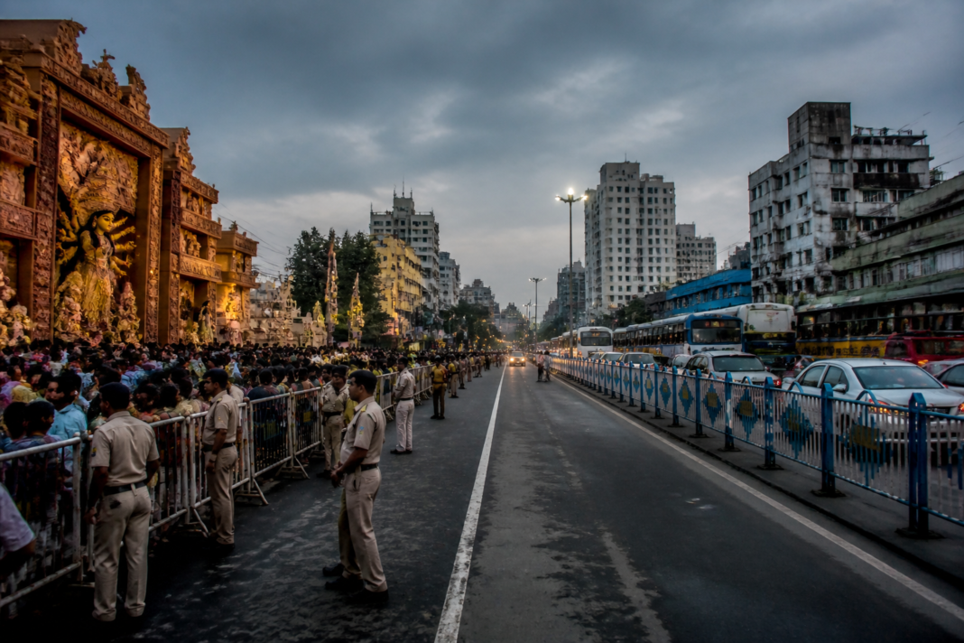 Sree Bhumi Puja crowd and traffic management preparations near VIP Road in Kolkata