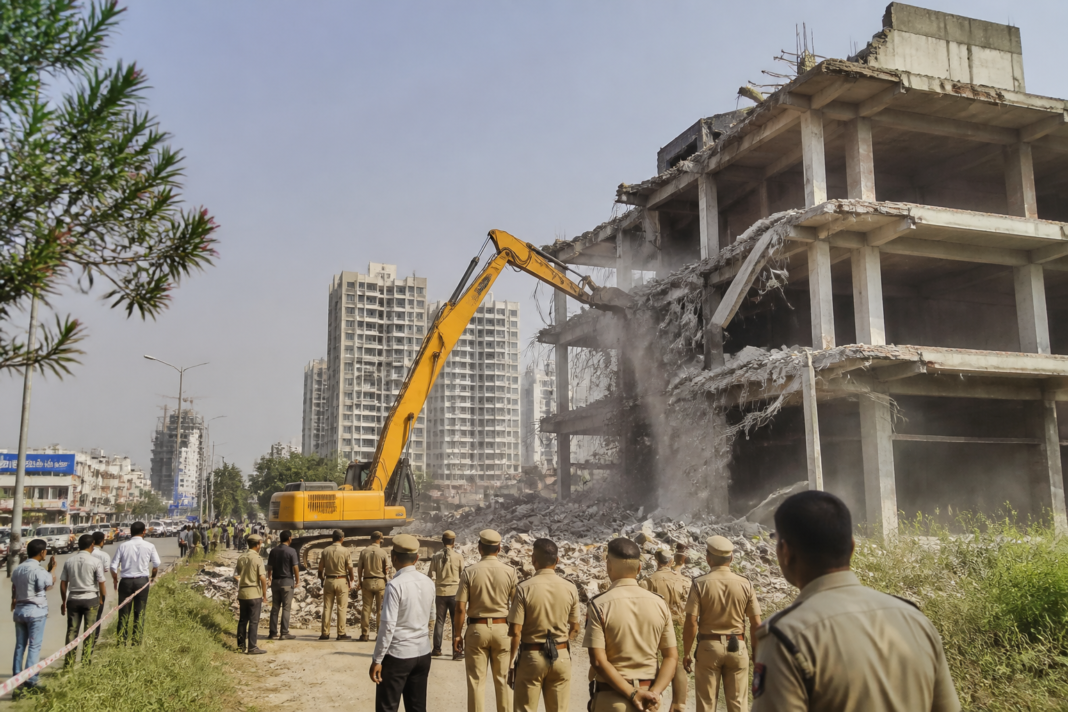Noida Sector 104 demolition underway at a commercial complex in Hajipur