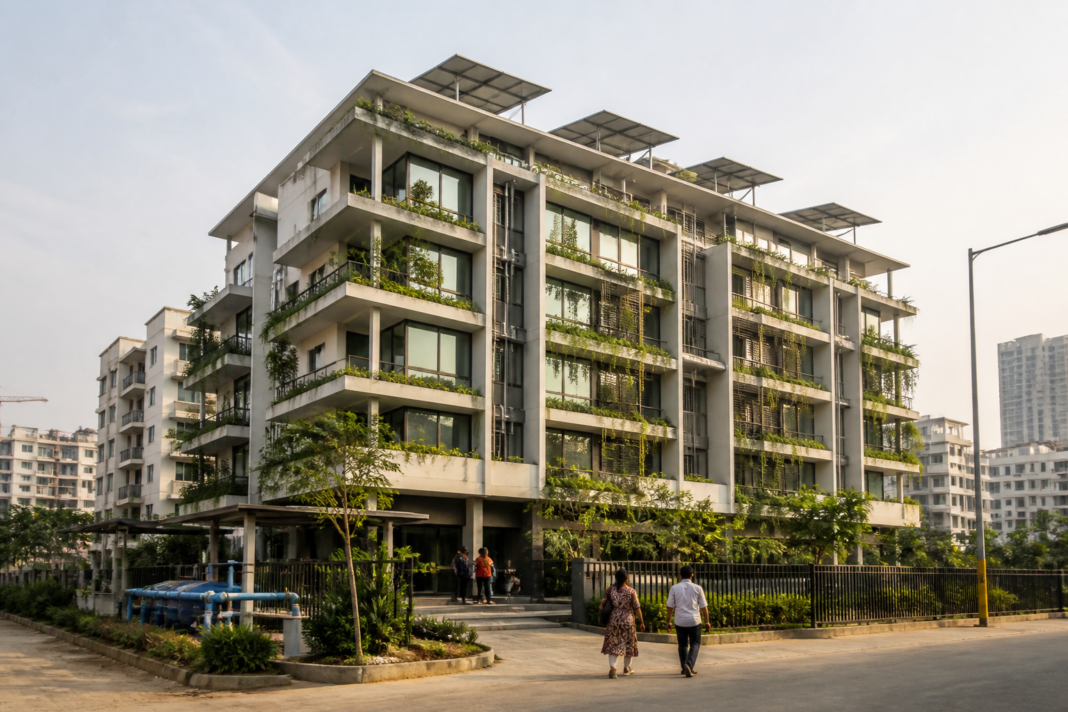 Green home premium apartment with energy-efficient windows and rooftop water systems