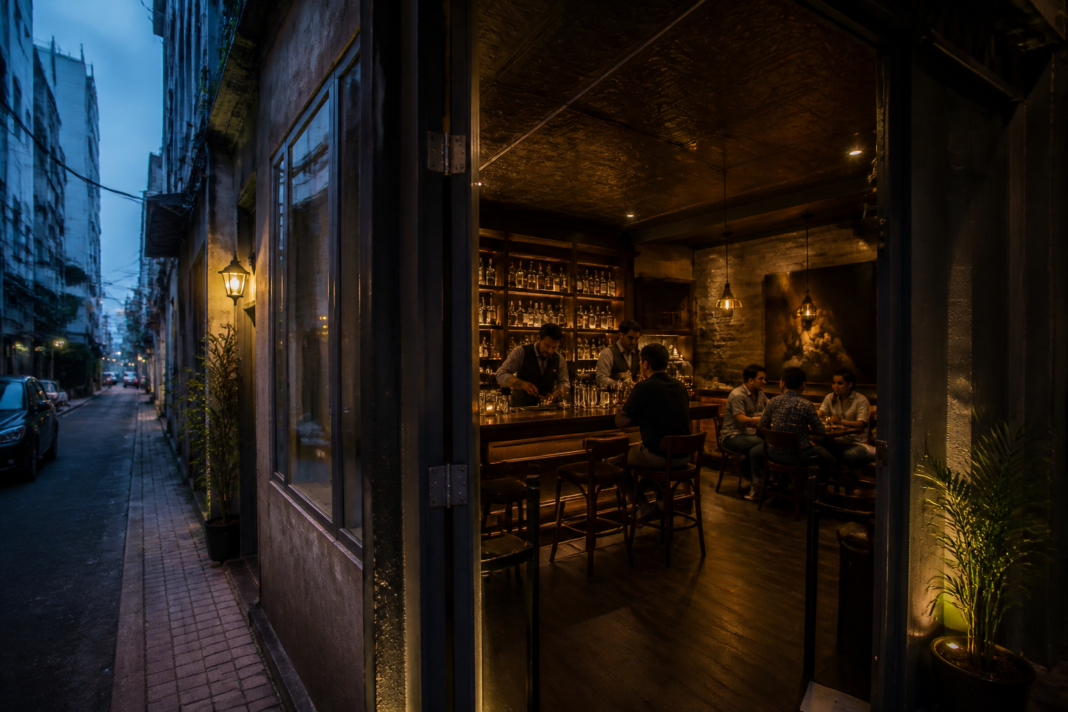 Kolkata speakeasy-style cocktail bar with an intimate hidden entrance and warm interior lighting