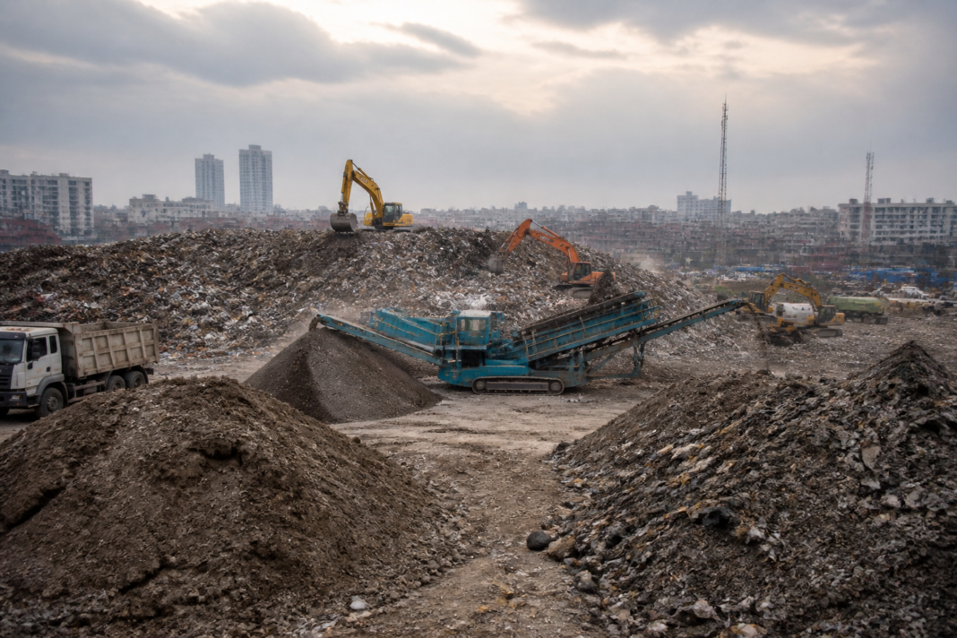 Bhalswa landfill cleanup with machinery processing Delhi’s legacy waste