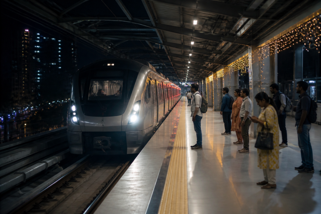 Mumbai Metro Ganeshotsav services — Mumbai Metro train serving passengers during extended Ganeshotsav services in Mumbai at night