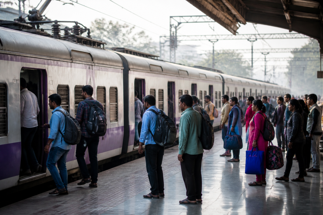 Western Railway jumbo block — Western Railway suburban train at a station platform during regular Sunday operations