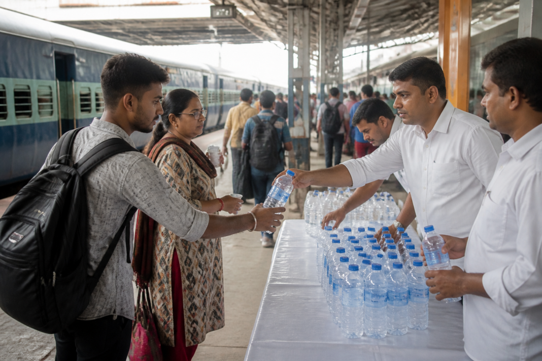 Ratnagiri Railway Station water bottles — Passengers at Ratnagiri Railway Station receiving free water bottles during Ganesh Festival travel
