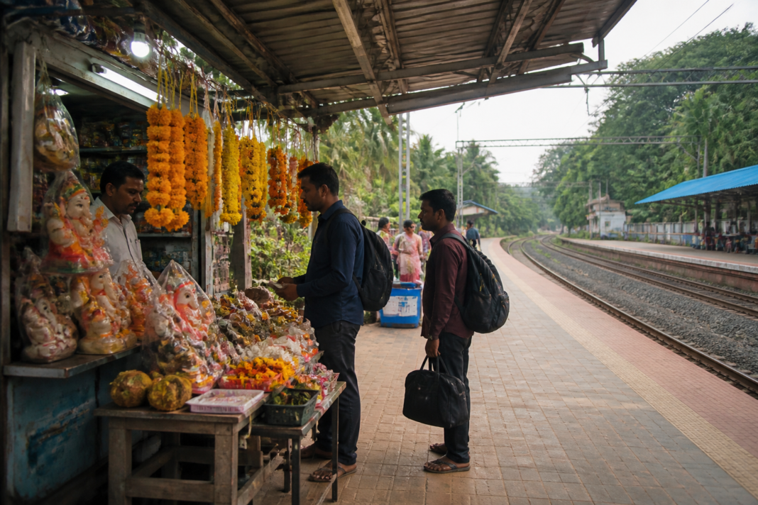 Konkan Railway Ganesh festival stalls — Ganesh festival essentials stall at a Konkan Railway station serving passengers and devotees