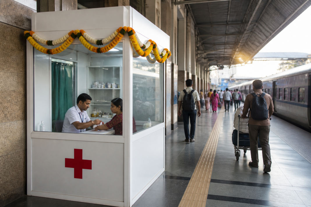 Konkan Railway first aid posts — First aid assistance point for passengers at a Konkan Railway station during the Ganesh Festival