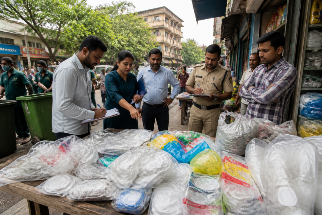 Thane plastic ban enforcement team inspecting shops and confiscated single-use plastic