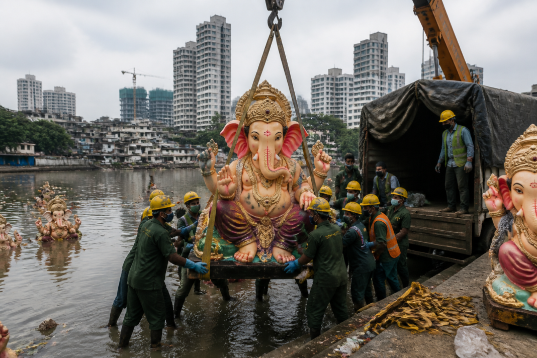 Mumbai POP Ganesh idol recycling at a civic immersion site
