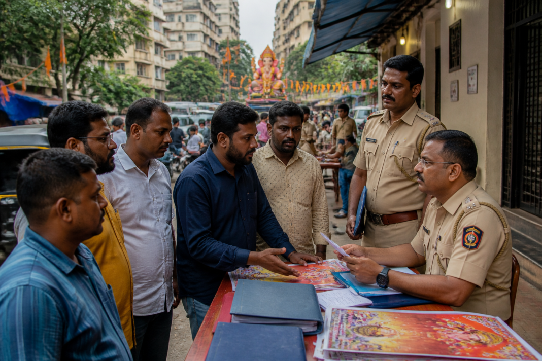Thane Ganeshotsav noise pollution rules being discussed outside a police station