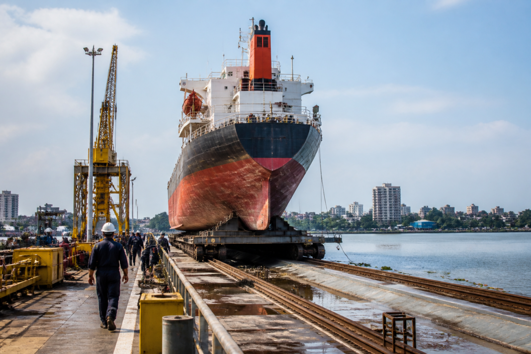Kochi ship repair facility with a vessel on the ship-lift system and industrial docks