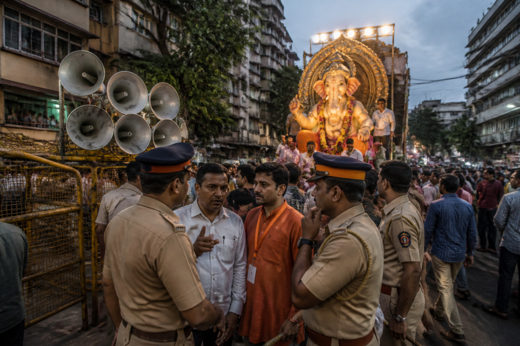 Thane Ganeshotsav procession with loudspeakers and crowded urban streets