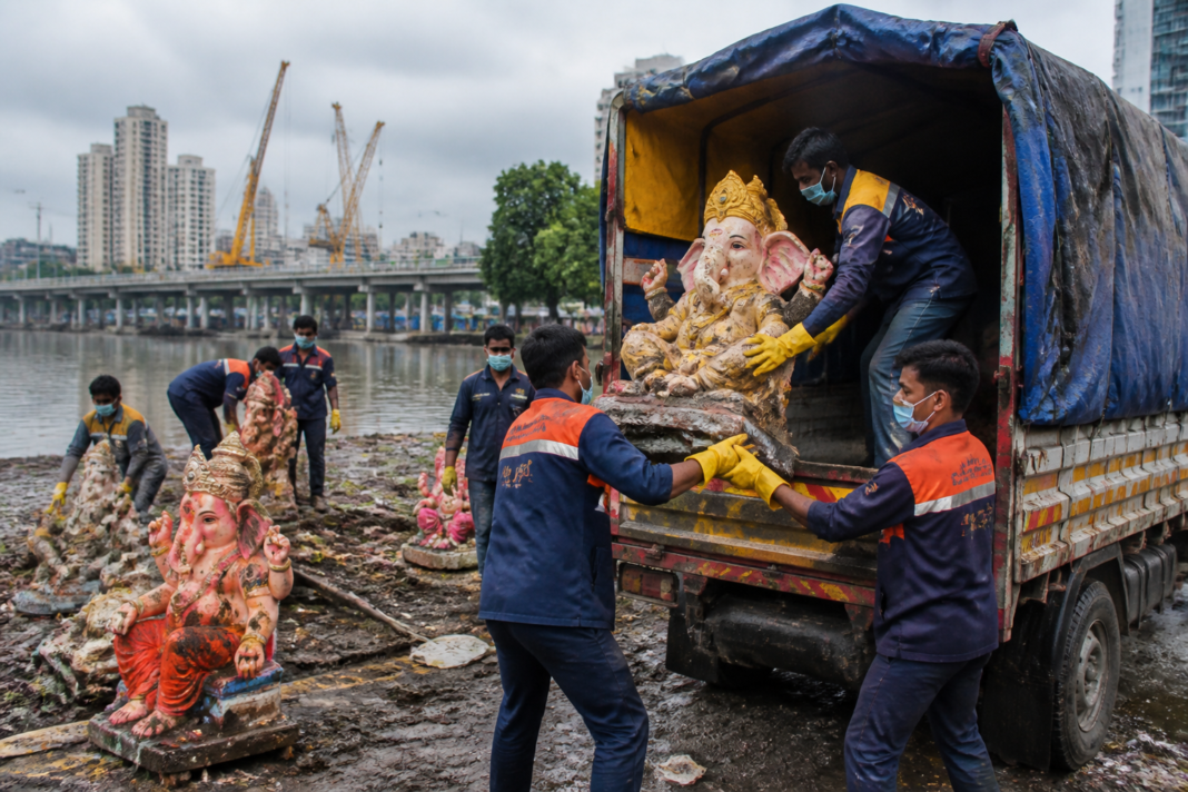 Mumbai POP Ganesh idol recycling facility handling immersed idols for processing and reuse