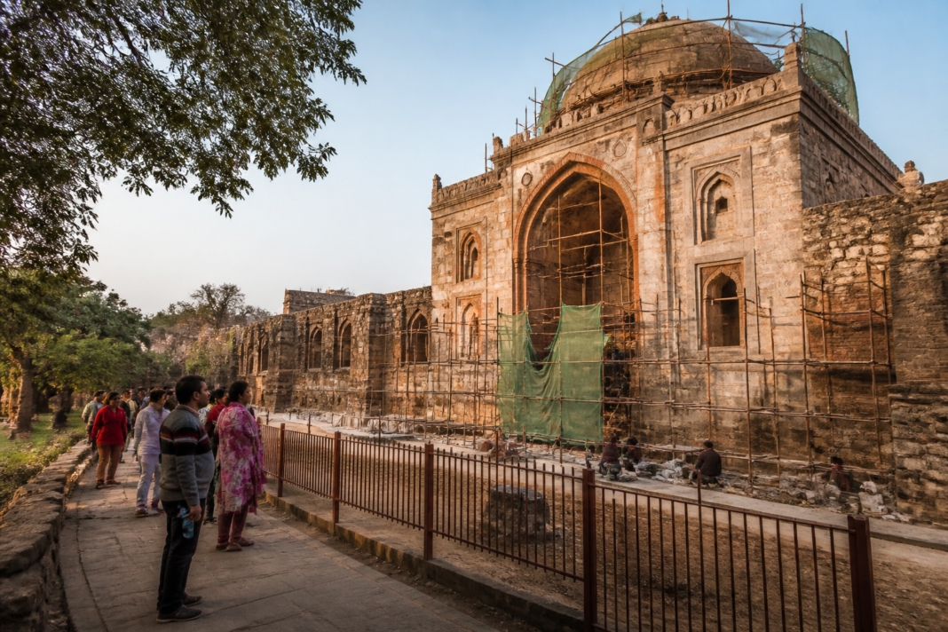 Delhi monuments repairs underway at a historic heritage site with restricted visitor access