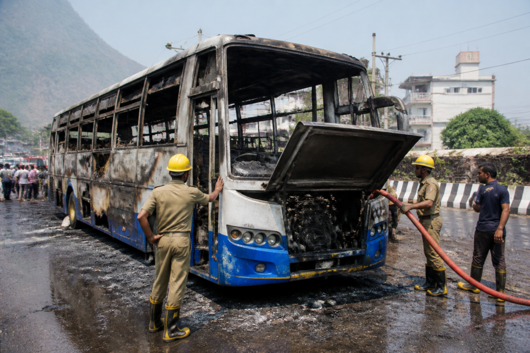 Burnt APSRTC bus linked to the Visakhapatnam bus fire near a city road