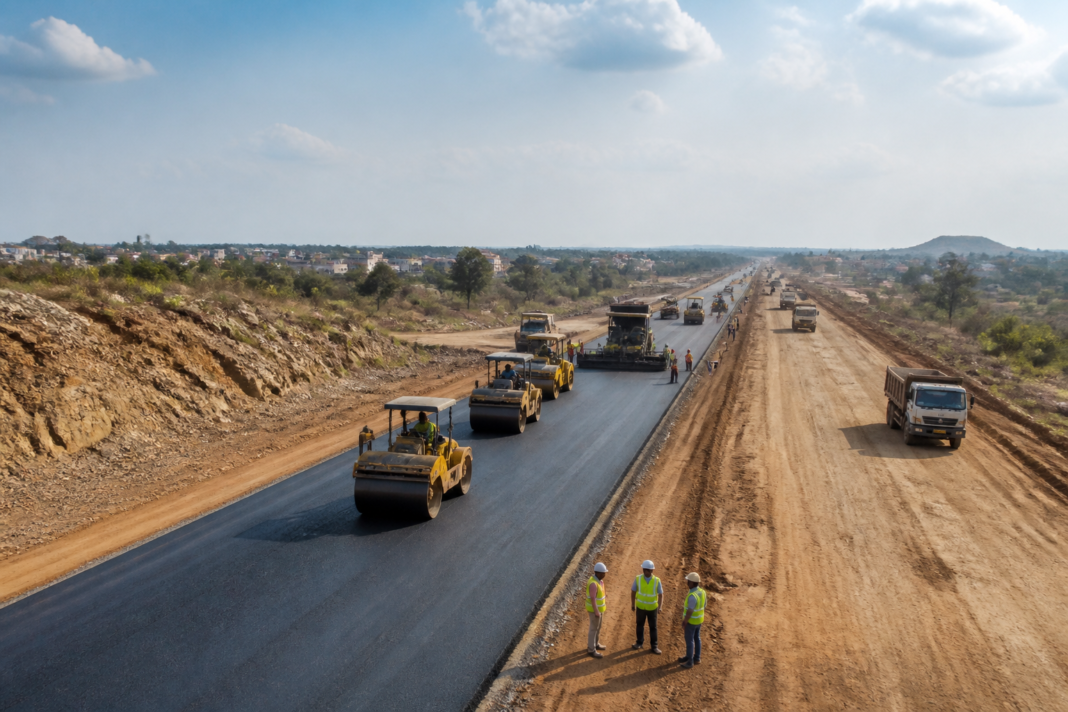 Nagpur-Warangal Highway construction corridor in Telangana with roadwork and heavy machinery